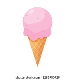 Ice cream in waffle cone isolated on white background. Cartoon-style.