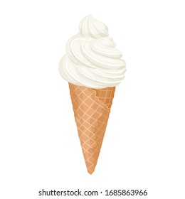 Ice Cream In Waffle Cone Isolated On White Background. Swirl Of Soft Serve Ice Cream In Waffle Cup. Vector Illustration Of A Sweet Dessert In Cartoon Flat Style. Food Icon.