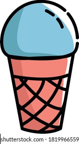 Ice cream in the waffle cone isolated on. Vector flat outline icon. Comic character in cartoon style illustration