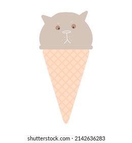 Ice cream waffle cone Kawaii funny cat muzzle with pink cheeks and eyes, brown coffee chocolate pastel colors isolated on white background. Can be used for card banner design menu, copy space. Vector