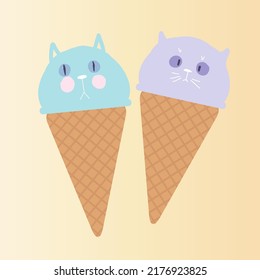 Ice cream waffle cone Kawaii funny cat muzzle with pink cheeks and eyes, lilac violet blue pastel colors on beige background. Can be used for card banner design menu, copy space. Vector