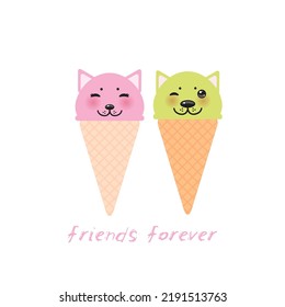 Ice cream waffle cone Kawaii funny cat muzzle with pink cheeks and closed eyes, pink green pastel colors isolated on white background. Can be used for card banner design menu, copy space. Vector