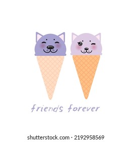 Ice cream waffle cone Kawaii funny cat muzzle with pink cheeks and eyes, lilac violet pastel colors isolated on white background. Can be used for card banner design menu, copy space. Vector 