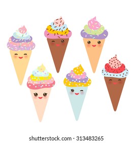  Ice cream waffle cone Kawaii funny muzzle with pink cheeks and winking eyes, pastel colors on white background. Vector
