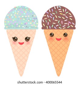 Ice cream waffle cone Kawaii funny muzzle with pink cheeks and winking eyes, pastel colors on white background. Vector