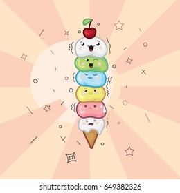 Ice cream waffle cone kawaii funny face with pink cheeks and winking eyes, pastel colors on a light background. Vector illustration colorful ice cream khawaii