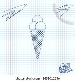 Ice cream in waffle cone line sketch icon isolated on white background. Vector Illustration