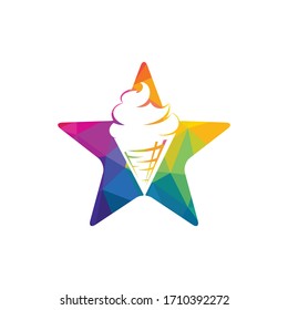 Ice cream in the waffle cone logo. Ice cream cone and star vector icon.	