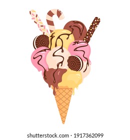 Ice cream in a waffle cone with lots of balls, cookies, sweets poured with chocolate. Delicious, large colorful unusual ice cream. Isolated on white vector illustration.