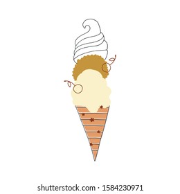 An ice cream in a waffle cone with many balls. Vector illustration, isolated hand drawn object. For business identity and branding. For an ice cream party or greeting card.