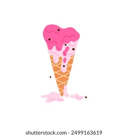 Ice cream in waffle cone melting, drops of pink sundae flow down vector illustration