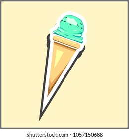 Ice cream in waffle cone with menthol flavor. Illustration in the form of a sticker.