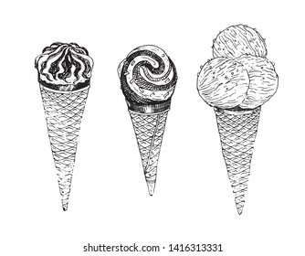 Ice cream in waffle cone. Natural products and healthy lifestyle, delicious products, a set of templates for menu design, restaurants and catering. Hand-drawn images