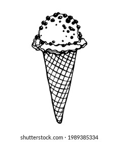 ice cream in a waffle cone with nuts. Vector image on transparent background, drawn by a pen