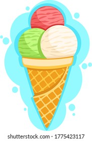 Ice cream in a waffle cone on a white background.