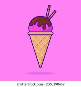 Ice Cream Waffle Cone on Pink Background. Summer Ice Cream with Chocolate and Cookie. Frozen Sweet Sundae Ball and Cone Waffle in Cartoon Style. Isolated Vector Illustration.