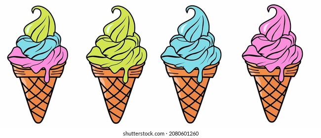 Ice cream in waffle cone on white background. Set of flat line icons vector. Cute cartoon style illustration for product design