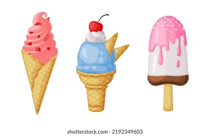 Ice Cream in Waffle Cone and on Stick as Frozen Dessert and Sweet Snack Vector Set