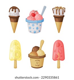 Ice Cream in Waffle Cone and on Stick as Frozen Dessert and Sweet Snack Vector Set