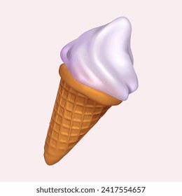 Ice cream in a waffle cone on a light background. Realistic 3d symbol design. Vector illustration. Eps 10