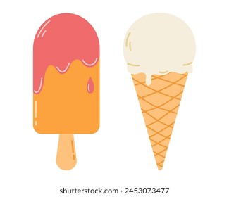 Ice cream in a waffle cone and Ice cream on stick. Frozen juice on wooden stick. Flat vector isolated illustration