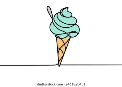 Ice cream in waffle cone in one continuous line drawing. Symbol dessert.