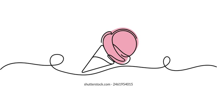 Ice cream in waffle cone in one continuous line drawing. Symbol dessert gelato for menu and business card design in simple linear style. Editable stroke. Doodle contour vector illustration.