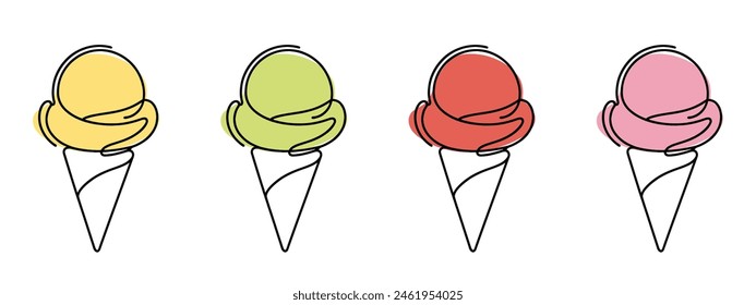 Ice cream in waffle cone in one continuous line drawing. Symbol dessert gelato for menu and business card design in simple linear style. Editable stroke. Doodle contour vector illustration.