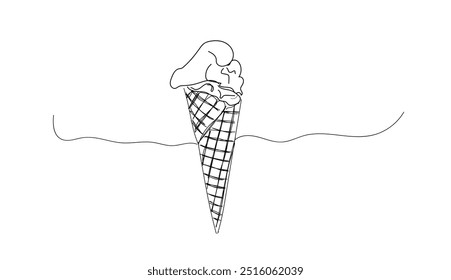 Ice cream in waffle cone in one continuous line drawing. Symbol dessert gelato for menu and business card design in simple linear style.  Doodle contour vector illustration