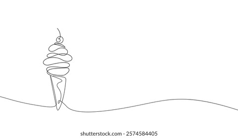 Ice cream in waffle cone in one continuous line drawing. Sweet summer dessert, outline sketch of icecream in cone with cherry for logo design. Vector illustration.