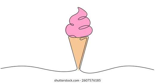 Ice cream in waffle cone in one continuous line drawing. Editable stroke