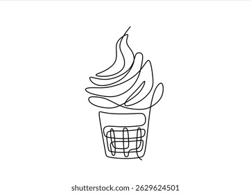 Ice cream in waffle cone in one continuous line drawing. Symbol dessert gelato for menu and business card design in simple linear style. Editable stroke. Doodle contour vector illustration. 