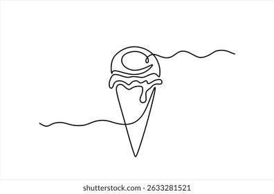 Ice cream in waffle cone in one continuous line drawing. Symbol dessert gelato for menu and business card design in simple linear style. Editable stroke. Doodle contour vector illustration	