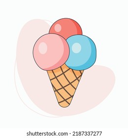 Ice cream in a waffle cone in pink and blue colors isolated on white background. Cartoon style. 