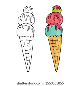 Ice cream in a waffle cone. Popsicles. Hand-drawn on an isolated white background. Vector illustration.