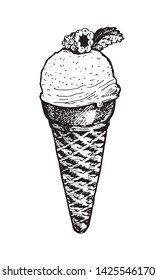 Ice cream in a waffle cone, with raspberry. Natural products and healthy lifestyle, delicious products, a set of templates for menu design, restaurants and catering. Hand-drawn images