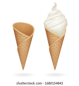 Ice cream and waffle cone realistic vector illustrations set. Part of collection. 