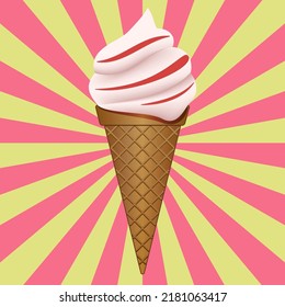 Ice cream in a waffle cone with red berry jam.