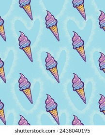 Ice cream in a waffle cone repeat ornament. Ice cream seamless pattern on blue hearts background.