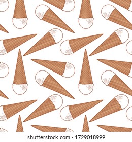 Ice cream in a waffle cone. Seamless background with ice cream pattern. Old color print with a stylized pattern. Vector illustration