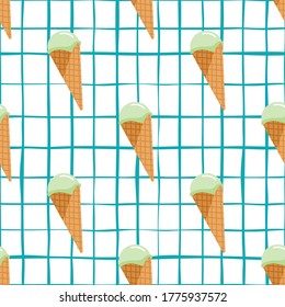 Ice cream waffle cone seamless pattern. White background with blue check. Bright design. Perfect for wrapping paper, wallpaper, textile print and fabric. Vector illustration.