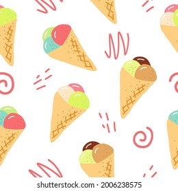 ice cream in waffle cone seamless pattern. hand drawn doodle. vector, cartoon. wallpaper, textiles, fabric, wrapping paper. food, sweet refreshing bright summer