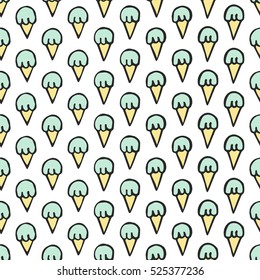 Ice cream in a waffle cone. Seamless hand draw pattern in a children's style