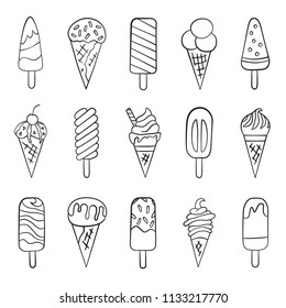 Ice cream, waffle cone. Set of elements in doodle and cartoon style. Outline. Vector. EPS 8