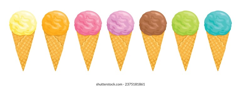 Ice cream in waffle cone set. Balls of chocolate, vanilla, strawberry, mint, orange, pistachios and blueberry ice cream. Set of vector cartoon flat illustrations.