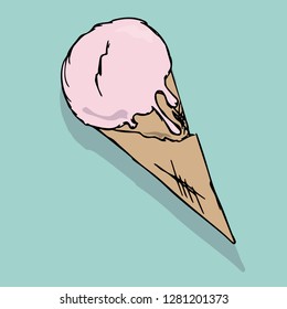 Ice cream in a waffle cone  with a shadow. hand-drawn. vector.