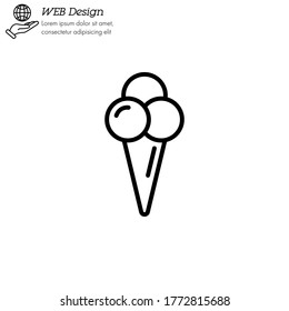 Ice cream in waffle cone in shape three balls icon thin line, linear, outline. Simple sign, logo