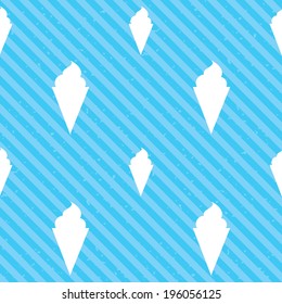 Ice Cream in waffle cone sign icon. Sweet symbol. Seamless diagonal lines texture. Blue grunge texture background. Vector