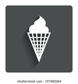 Ice Cream in waffle cone sign icon. Sweet symbol. Gray flat button with shadow. Modern UI website navigation. Vector
