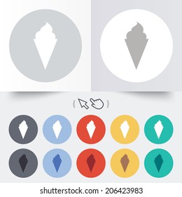 Ice Cream in waffle cone sign icon. Sweet symbol. Round 12 circle buttons. Shadow. Hand cursor pointer. Vector